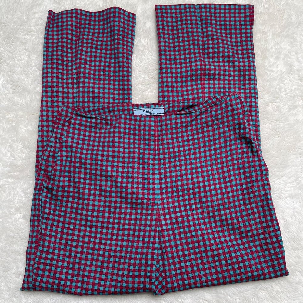 Vintage Prada Women's Red Blue Straight Leg Checks Dress Pants Size 40 IT / 4 US